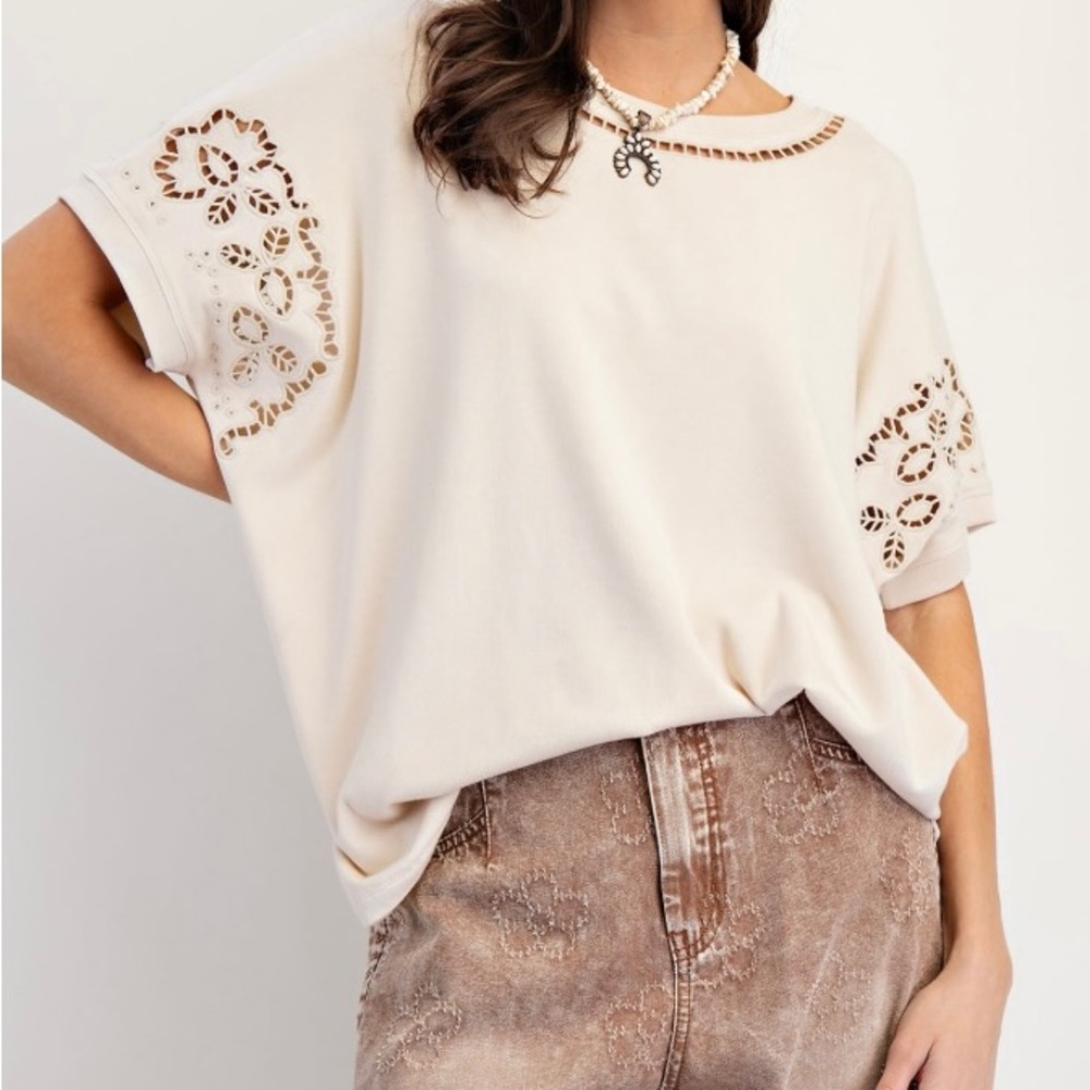 Cream Floral Cutout Women's Top